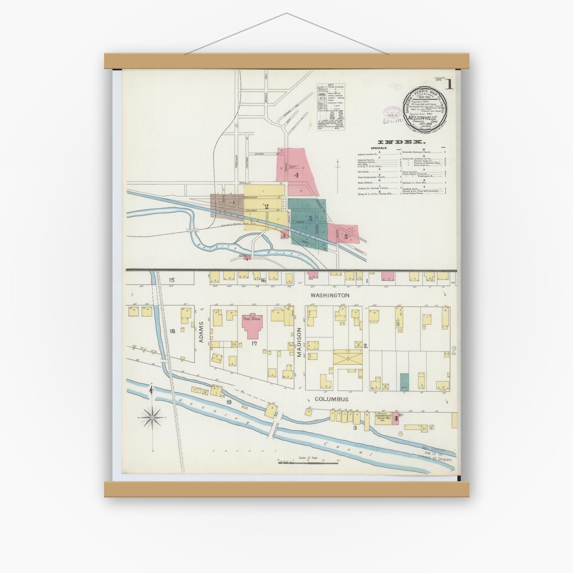 Old map wall art mockup — magnetic wood frame on white wall — Sanborn Fire Insurance Map from Nelsonville, Athens County, Ohio (1893), Sheet #0001