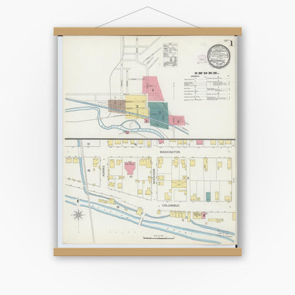 Old map wall art mockup — magnetic wood frame on white wall — Sanborn Fire Insurance Map from Nelsonville, Athens County, Ohio (1893), Sheet #0001