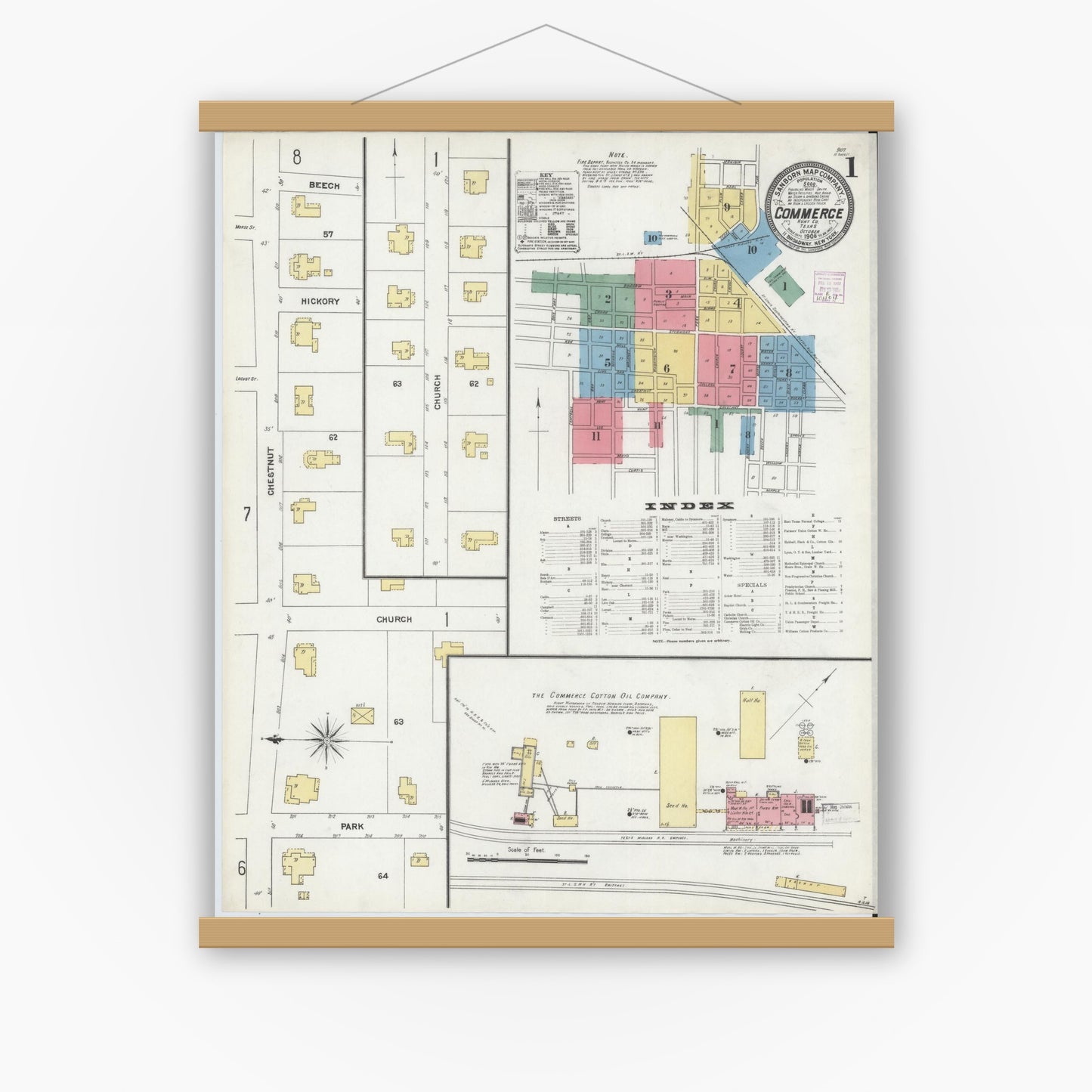 Old map wall art mockup — magnetic wood frame on white wall — Sanborn Fire Insurance Map from Commerce, Hunt County, Texas (1906), Sheet #0001