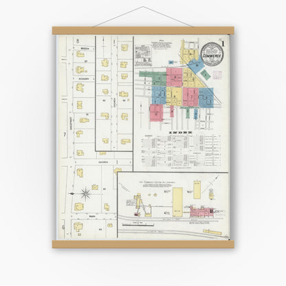 Old map wall art mockup — magnetic wood frame on white wall — Sanborn Fire Insurance Map from Commerce, Hunt County, Texas (1906), Sheet #0001