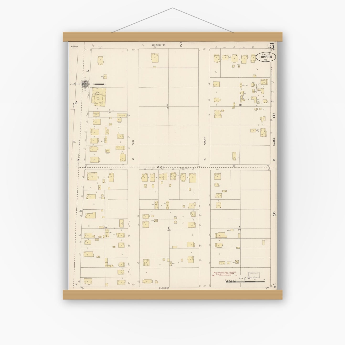 Old map wall art mockup — magnetic wood frame on white wall — Sanborn Fire Insurance Map from Compton, Los Angeles County, California (1916), Sheet #0005