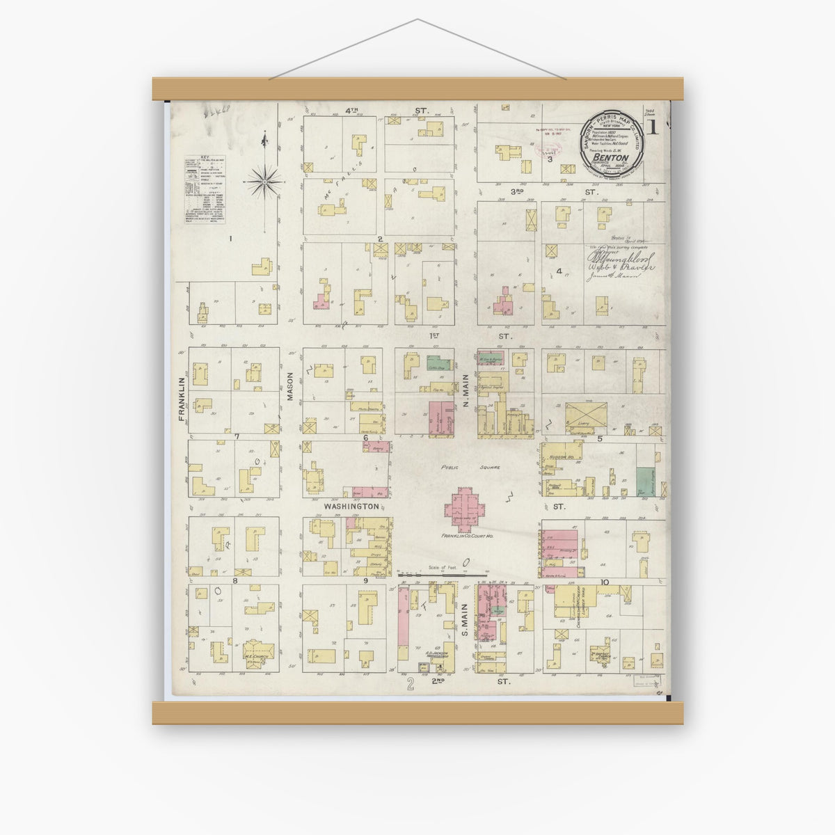 Old map wall art mockup — magnetic wood frame on white wall — Sanborn Fire Insurance Map from Benton, Franklin County, Illinois (1894), Sheet #0001