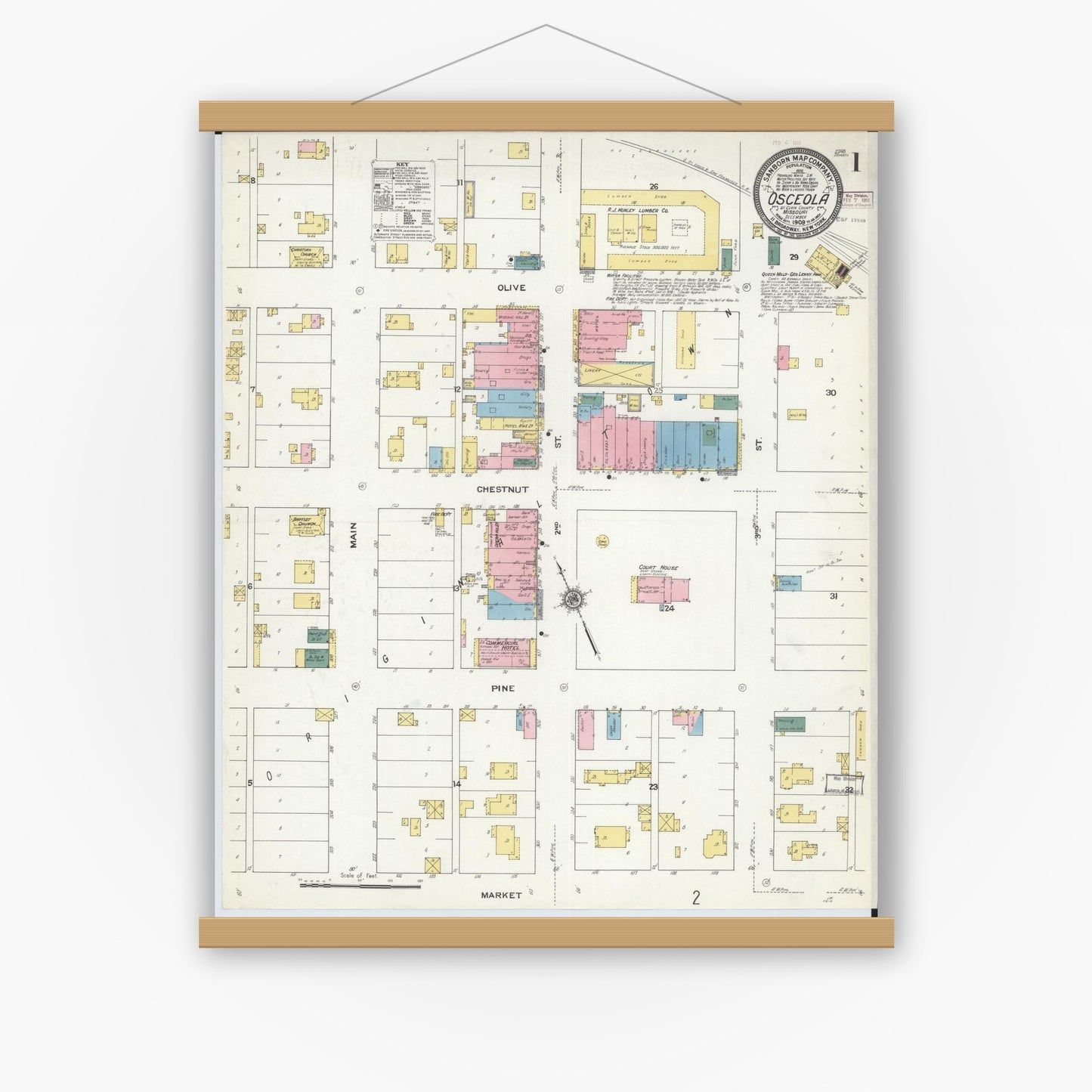 Old map wall art mockup — magnetic wood frame on white wall — Sanborn Fire Insurance Map from Osceola, Saint Clair County, Missouri (1909) - Complete Map Set