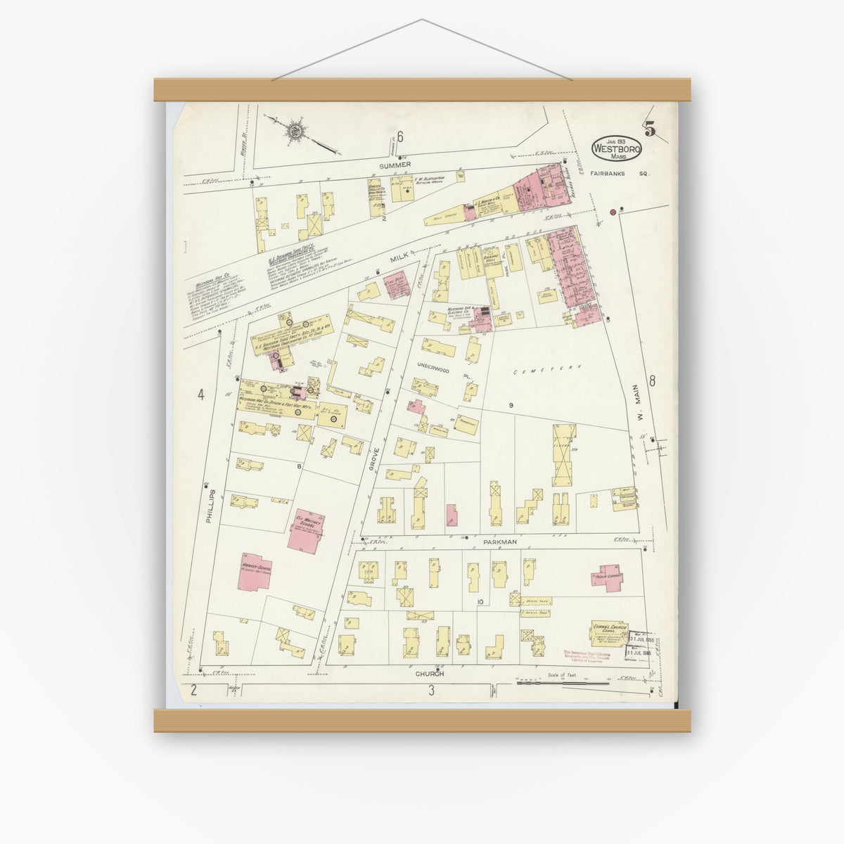 Old map wall art mockup — magnetic wood frame on white wall — Sanborn Fire Insurance Map from Westboro, Worcester County, Massachusetts (1913), Sheet #0005