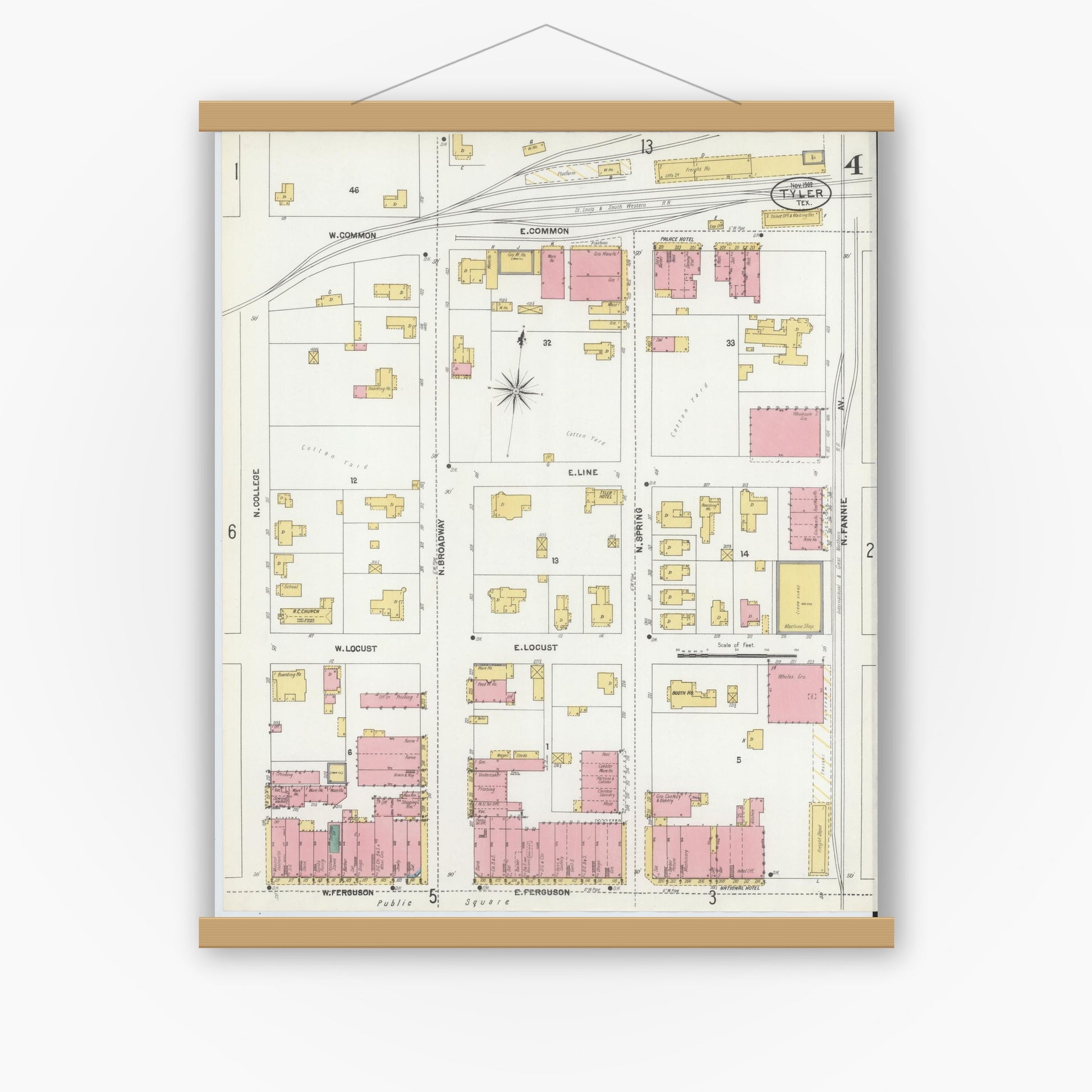 Old map wall art mockup — magnetic wood frame on white wall — Sanborn Fire Insurance Map from Tyler, Smith County, Texas (1902), Sheet #0004