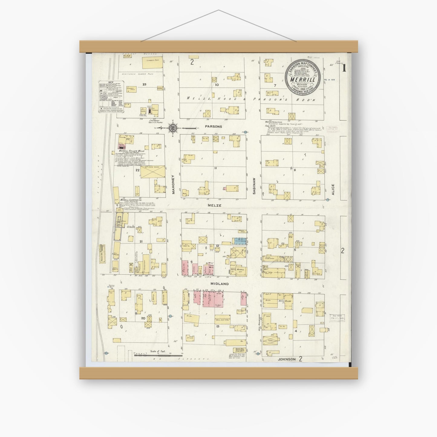 Old map wall art mockup — magnetic wood frame on white wall — Sanborn Fire Insurance Map from Merrill, Saginaw County, Michigan (1910) - Complete Map Set
