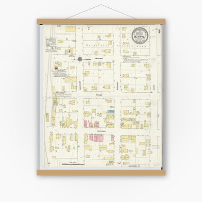 Old map wall art mockup — magnetic wood frame on white wall — Sanborn Fire Insurance Map from Merrill, Saginaw County, Michigan (1910) - Complete Map Set