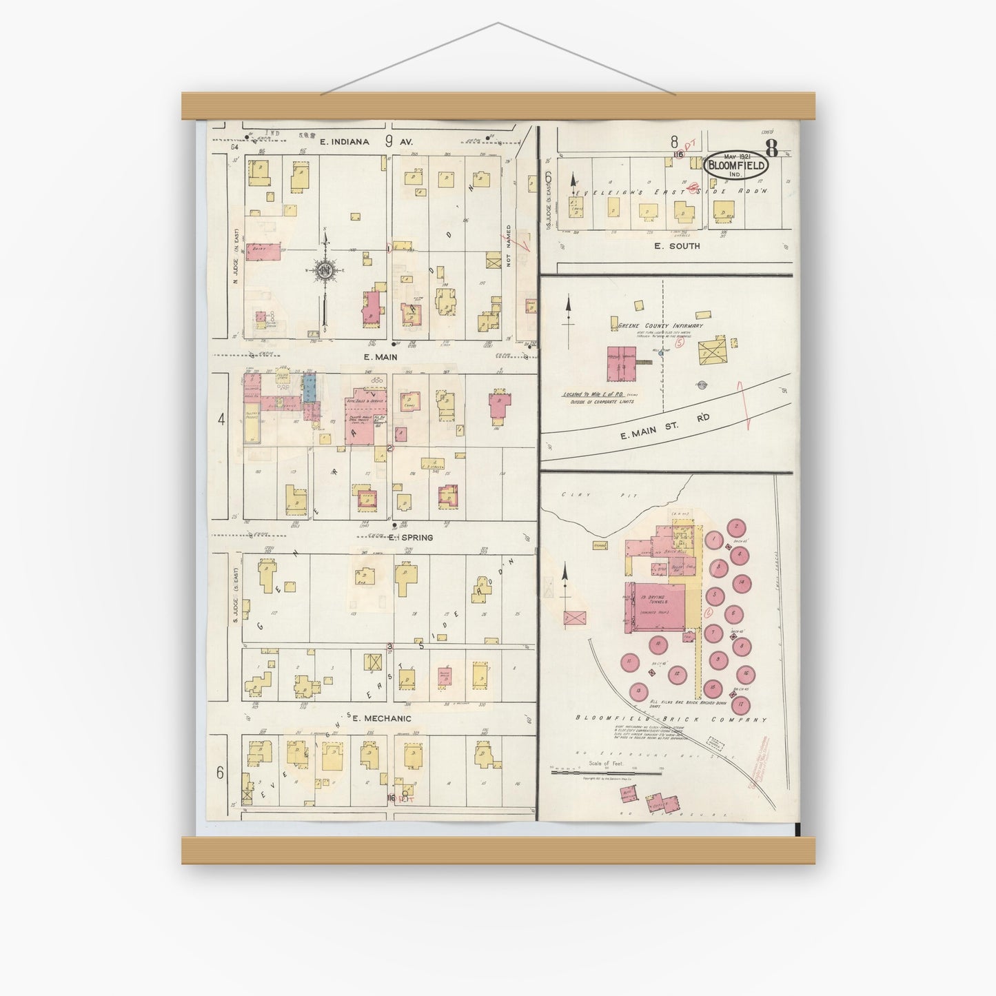 Old map wall art mockup — magnetic wood frame on white wall — Sanborn Fire Insurance Map from Bloomfield, Greene County, Indiana (1940), Sheet #0008
