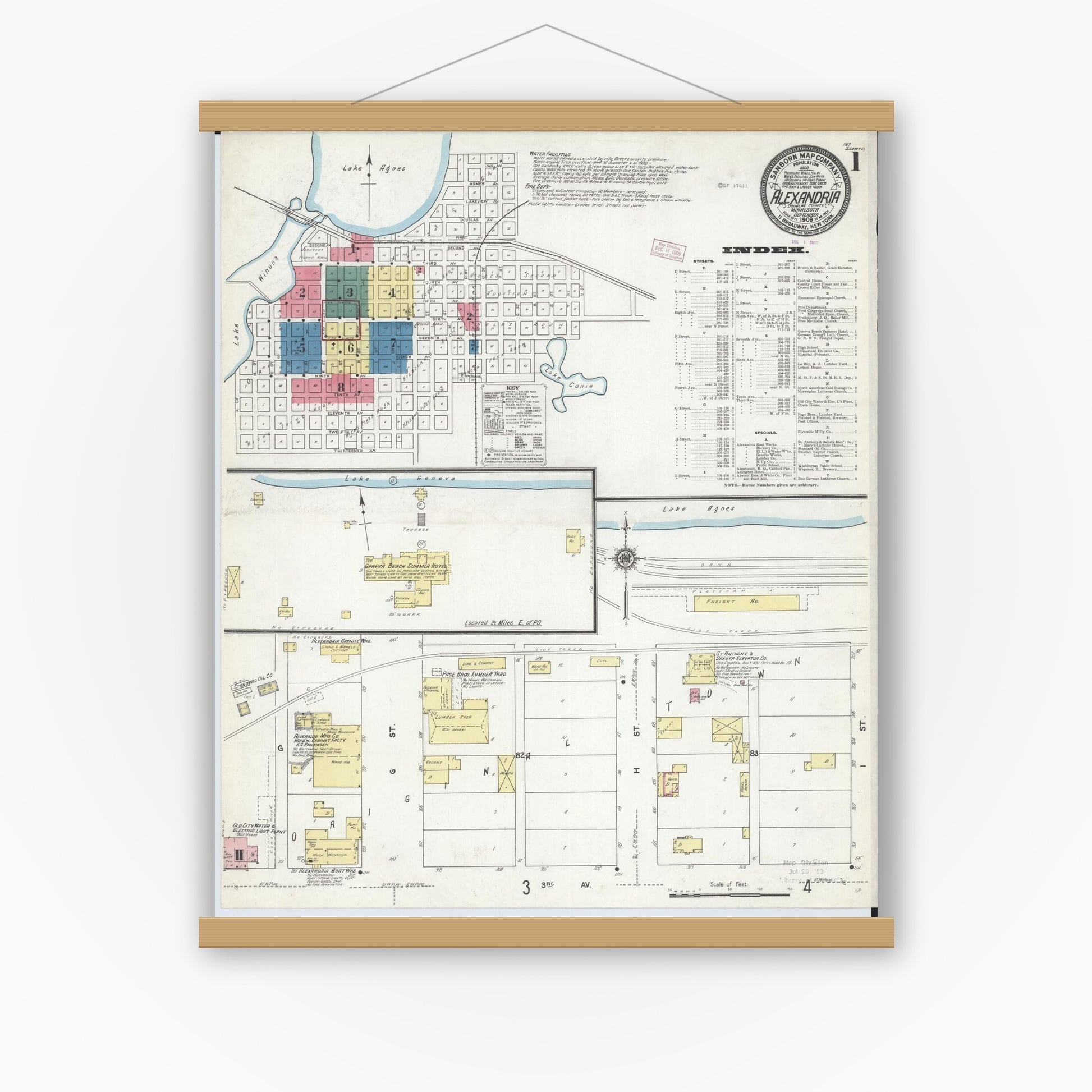 Old map wall art mockup — magnetic wood frame on white wall — Sanborn Fire Insurance Map from Alexandria, Douglas County, Minnesota (1909), Sheet #0001