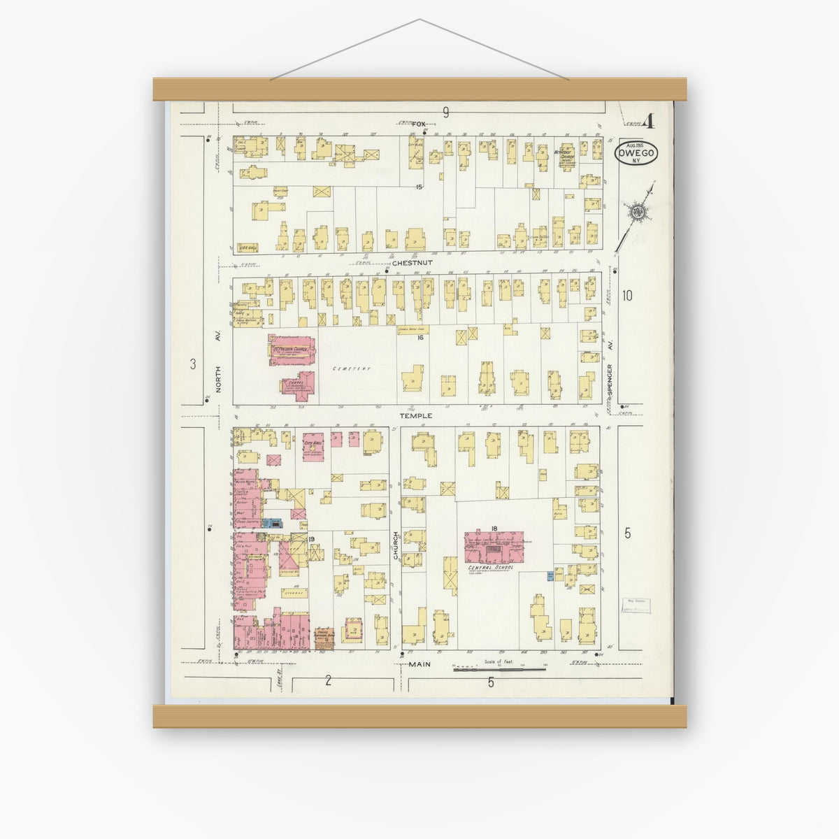 Old map wall art mockup — magnetic wood frame on white wall — Sanborn Fire Insurance Map from Owego, Tioga County, New York (1915), Sheet #0004