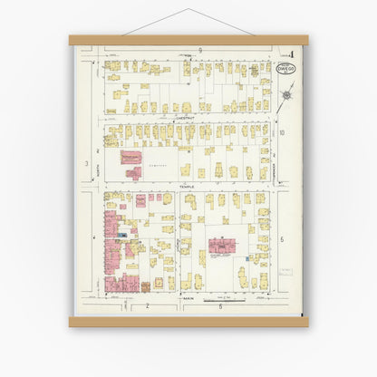 Old map wall art mockup — magnetic wood frame on white wall — Sanborn Fire Insurance Map from Owego, Tioga County, New York (1915), Sheet #0004