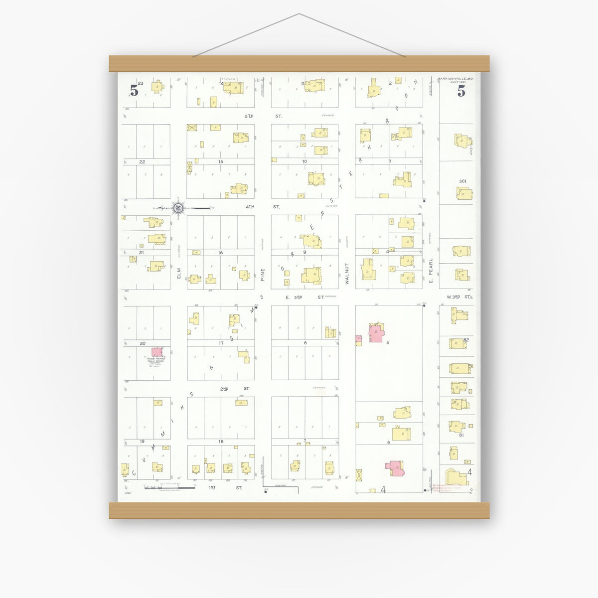 Old map wall art mockup — magnetic wood frame on white wall — Sanborn Fire Insurance Map from Harrisonville, Cass County, Missouri (1931), Sheet #0005