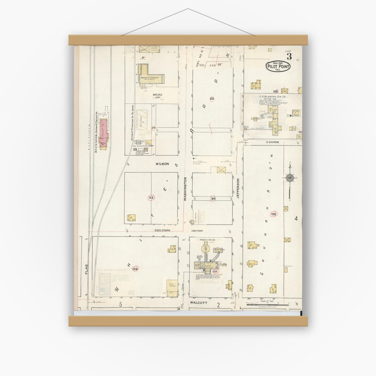 Old map wall art mockup — magnetic wood frame on white wall — Sanborn Fire Insurance Map from Pilot Point, Denton County, Texas (1940), Sheet #0003