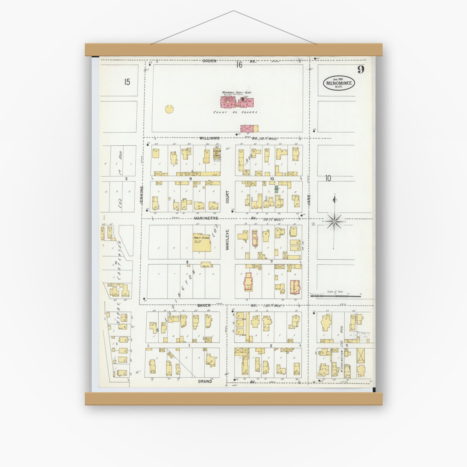 Old map wall art mockup — magnetic wood frame on white wall — Sanborn Fire Insurance Map from Menominee, Menominee County, Michigan (1901), Sheet #0009