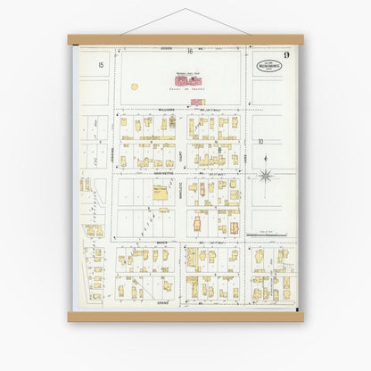 Old map wall art mockup — magnetic wood frame on white wall — Sanborn Fire Insurance Map from Menominee, Menominee County, Michigan (1901), Sheet #0009
