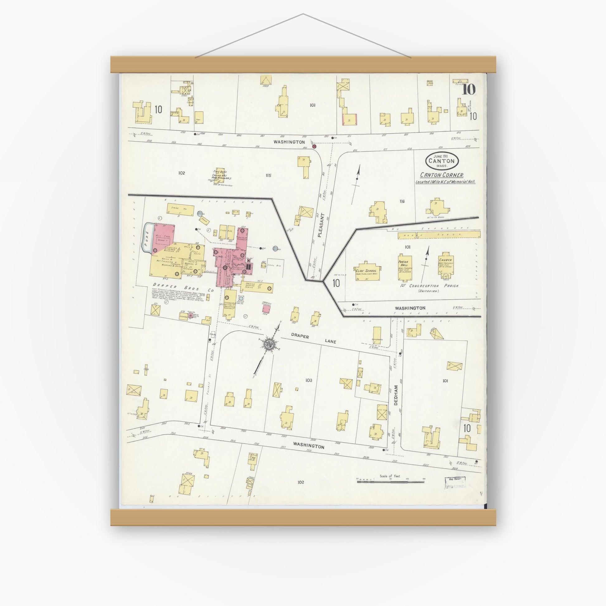 Old map wall art mockup — magnetic wood frame on white wall — Sanborn Fire Insurance Map from Canton, Norfolk County, Massachusetts (1911), Sheet #0010