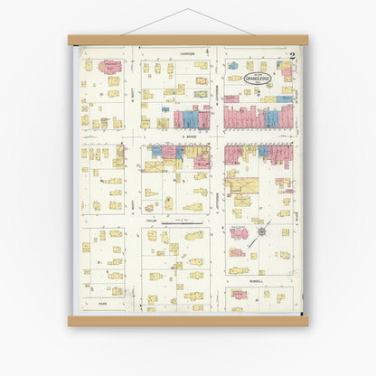 Old map wall art mockup — magnetic wood frame on white wall — Sanborn Fire Insurance Map from Grand Ledge, Eaton County, Michigan (1916), Sheet #0002