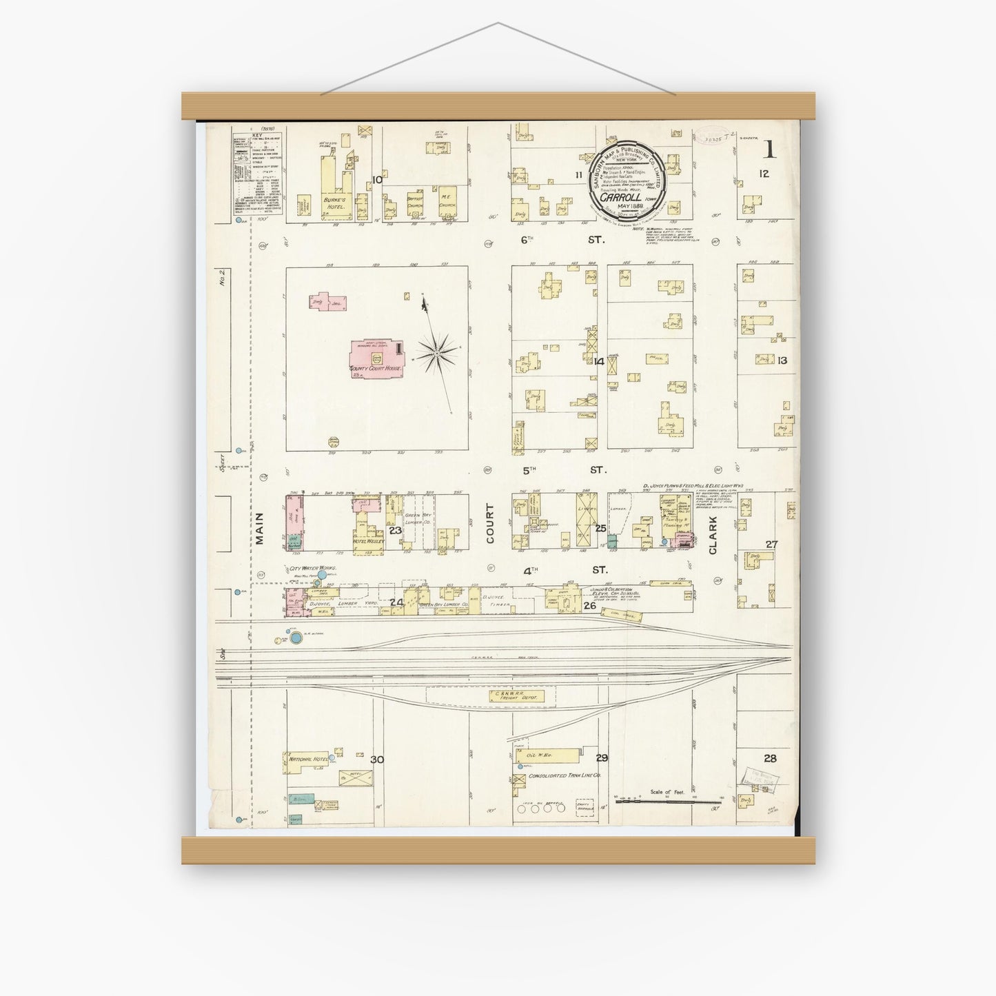 Old map wall art mockup — magnetic wood frame on white wall — Sanborn Fire Insurance Map from Carroll, Carroll County, Iowa (1889) â€” Complete Set