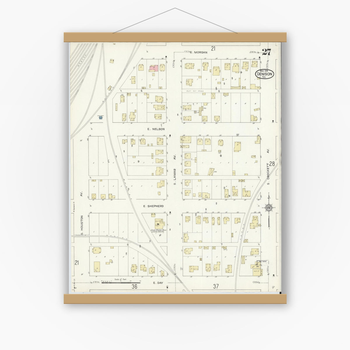 Old map wall art mockup — magnetic wood frame on white wall — Sanborn Fire Insurance Map from Denison, Grayson County, Texas (1914), Sheet #0027