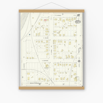 Old map wall art mockup — magnetic wood frame on white wall — Sanborn Fire Insurance Map from Denison, Grayson County, Texas (1914), Sheet #0027