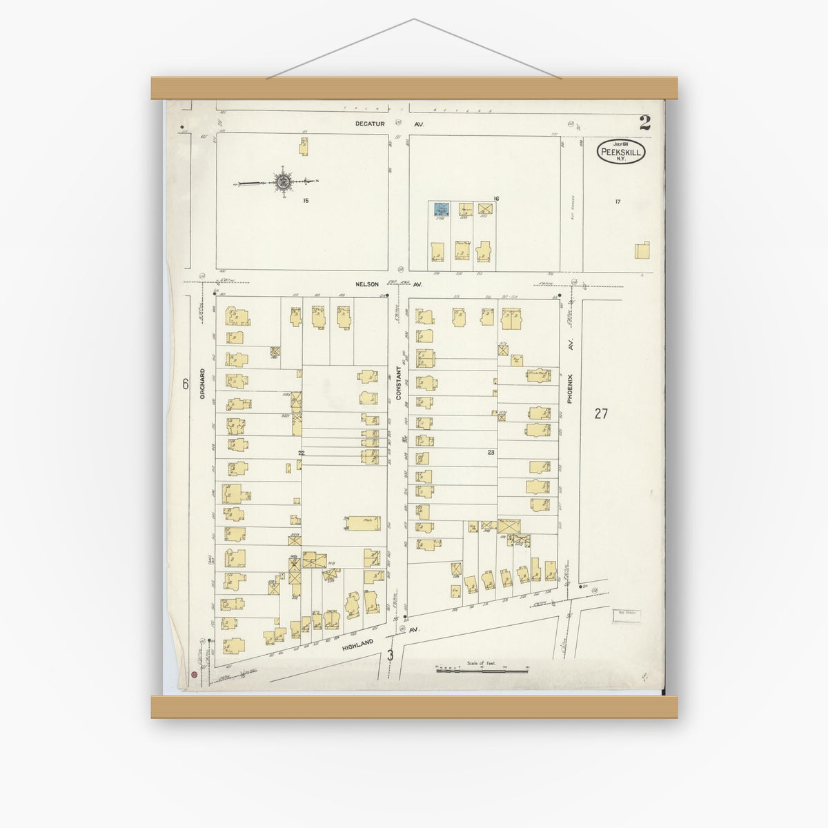 Old map wall art mockup — magnetic wood frame on white wall — Sanborn Fire Insurance Map from Peekskill, Westchester County, New York (1911) - Complete Map Set