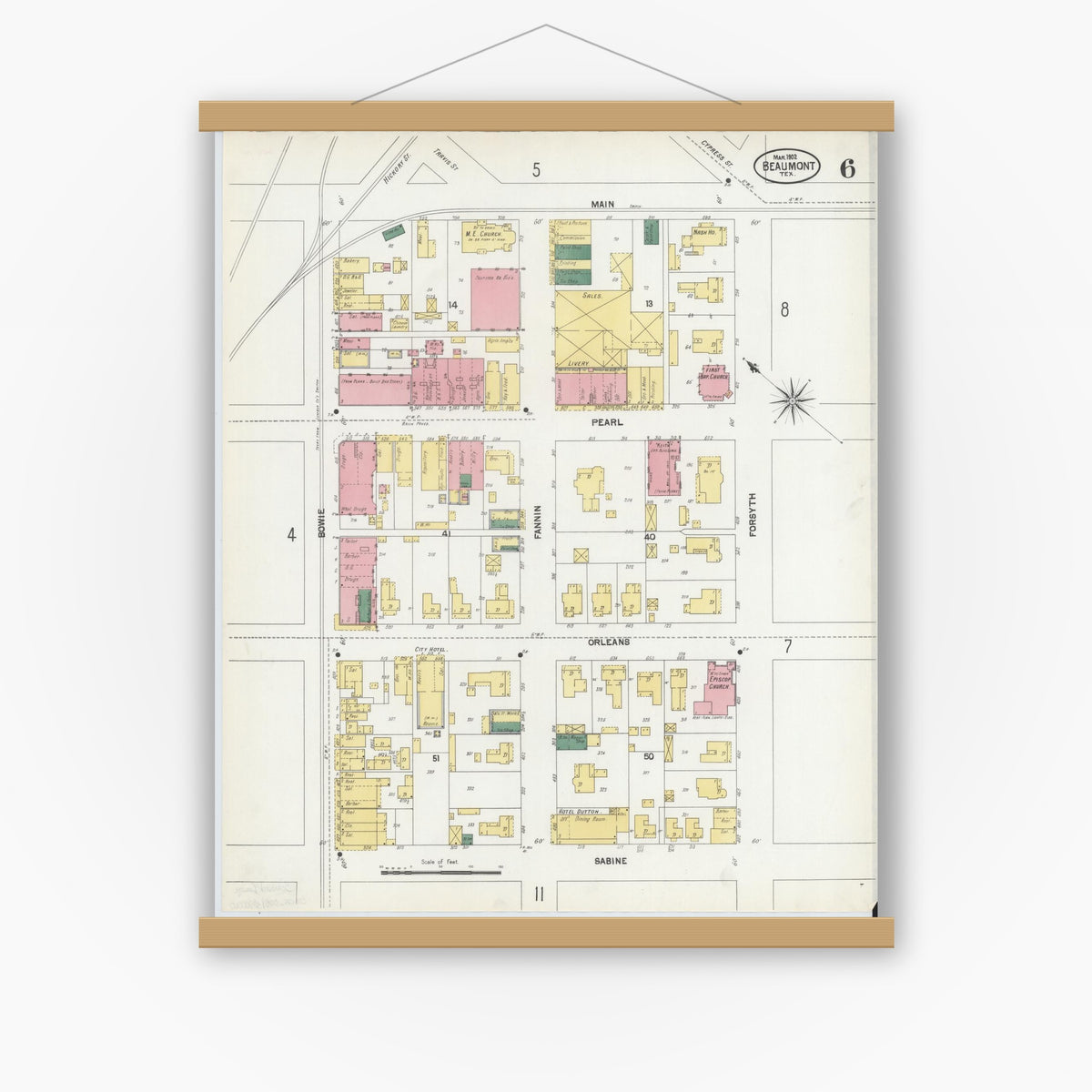 Old map wall art mockup — magnetic wood frame on white wall — Sanborn Fire Insurance Map from Beaumont, Jefferson County, Texas (1902), Sheet #0006