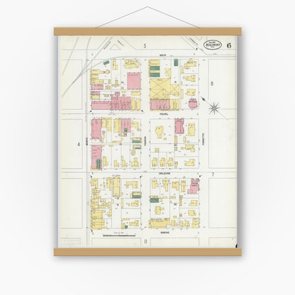 Old map wall art mockup — magnetic wood frame on white wall — Sanborn Fire Insurance Map from Beaumont, Jefferson County, Texas (1902), Sheet #0006