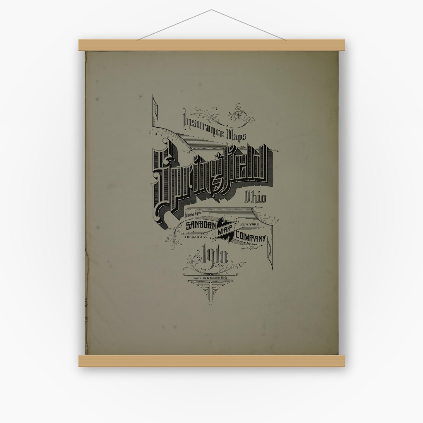 Old map wall art mockup — magnetic wood frame on white wall — Sanborn Fire Insurance Map from Springfield, Clark County, Ohio (1910), Sheet #0001