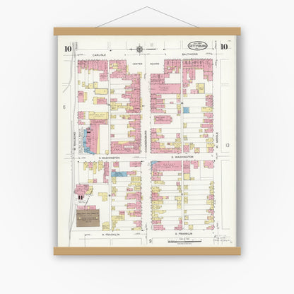 Old map wall art mockup — magnetic wood frame on white wall — Sanborn Fire Insurance Map from Gettysburg, Adams County, Pennsylvania (1924), Sheet #0010