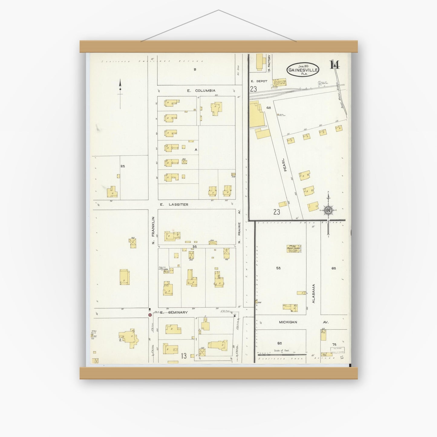 Old map wall art mockup — magnetic wood frame on white wall — Sanborn Fire Insurance Map from Gainesville, Alachua County, Florida (1913), Sheet #0014