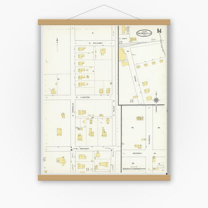 Old map wall art mockup — magnetic wood frame on white wall — Sanborn Fire Insurance Map from Gainesville, Alachua County, Florida (1913), Sheet #0014