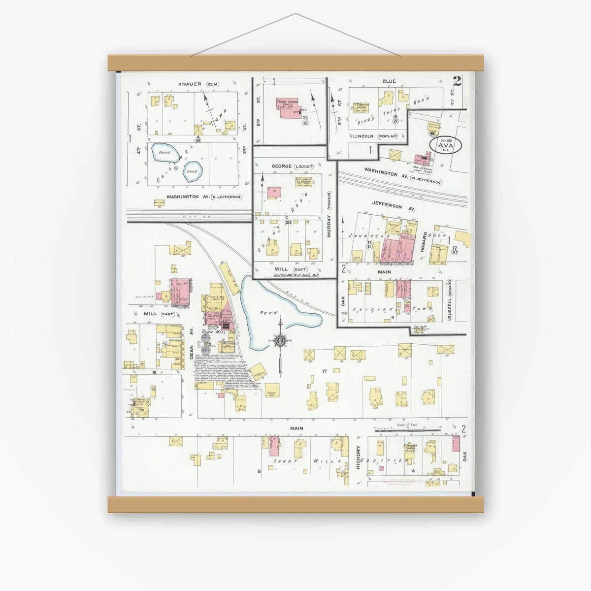 Old map wall art mockup — magnetic wood frame on white wall — Sanborn Fire Insurance Map from Ava, Jackson County, Illinois (1910), Sheet #0002