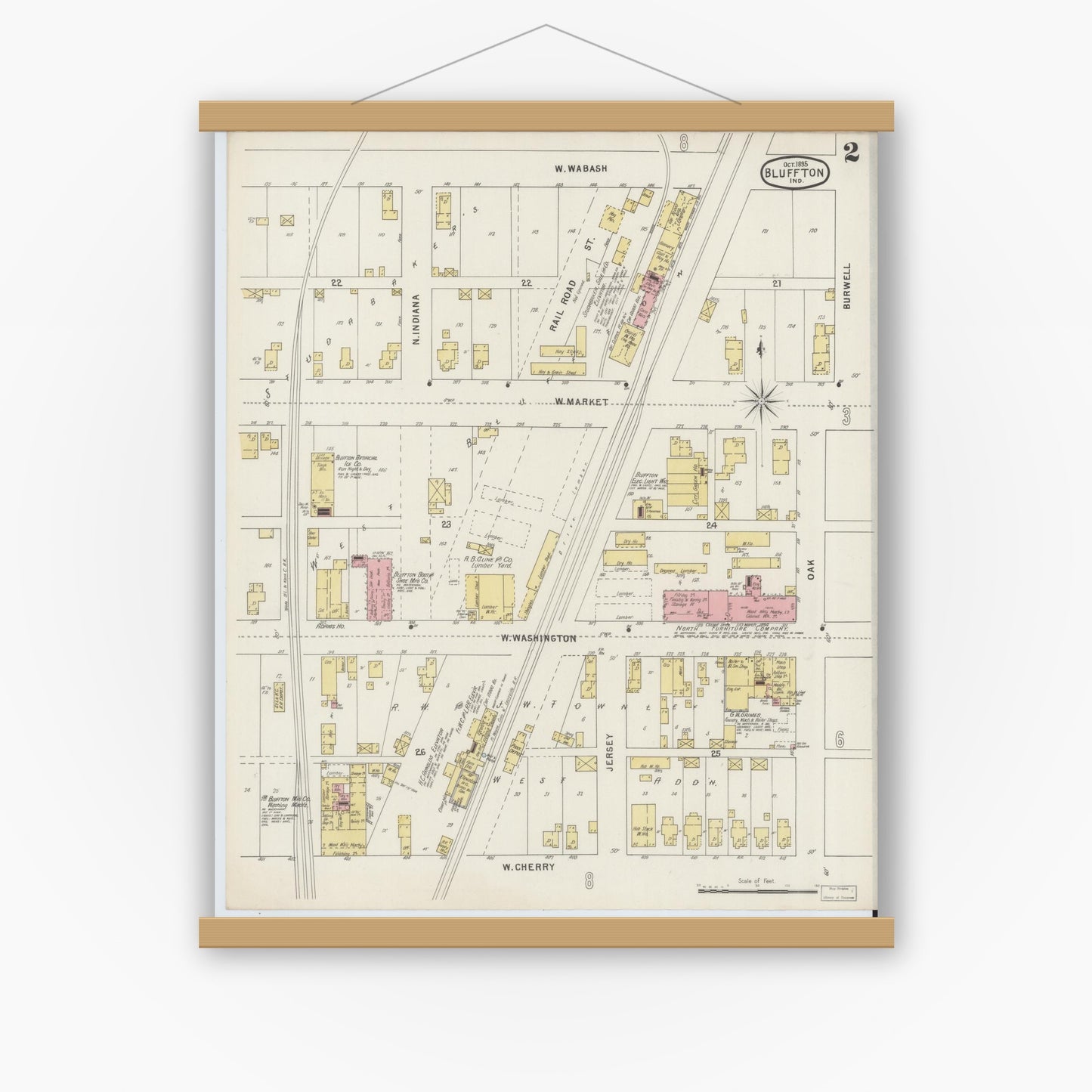 Old map wall art mockup — magnetic wood frame on white wall — Sanborn Fire Insurance Map from Bluffton, Wells County, Indiana (1895), Sheet #0002