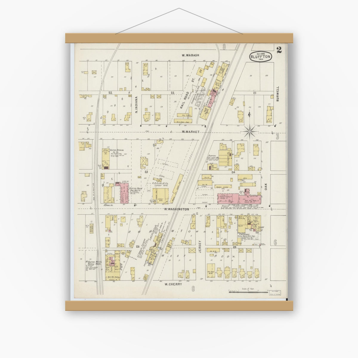 Old map wall art mockup — magnetic wood frame on white wall — Sanborn Fire Insurance Map from Bluffton, Wells County, Indiana (1895), Sheet #0002