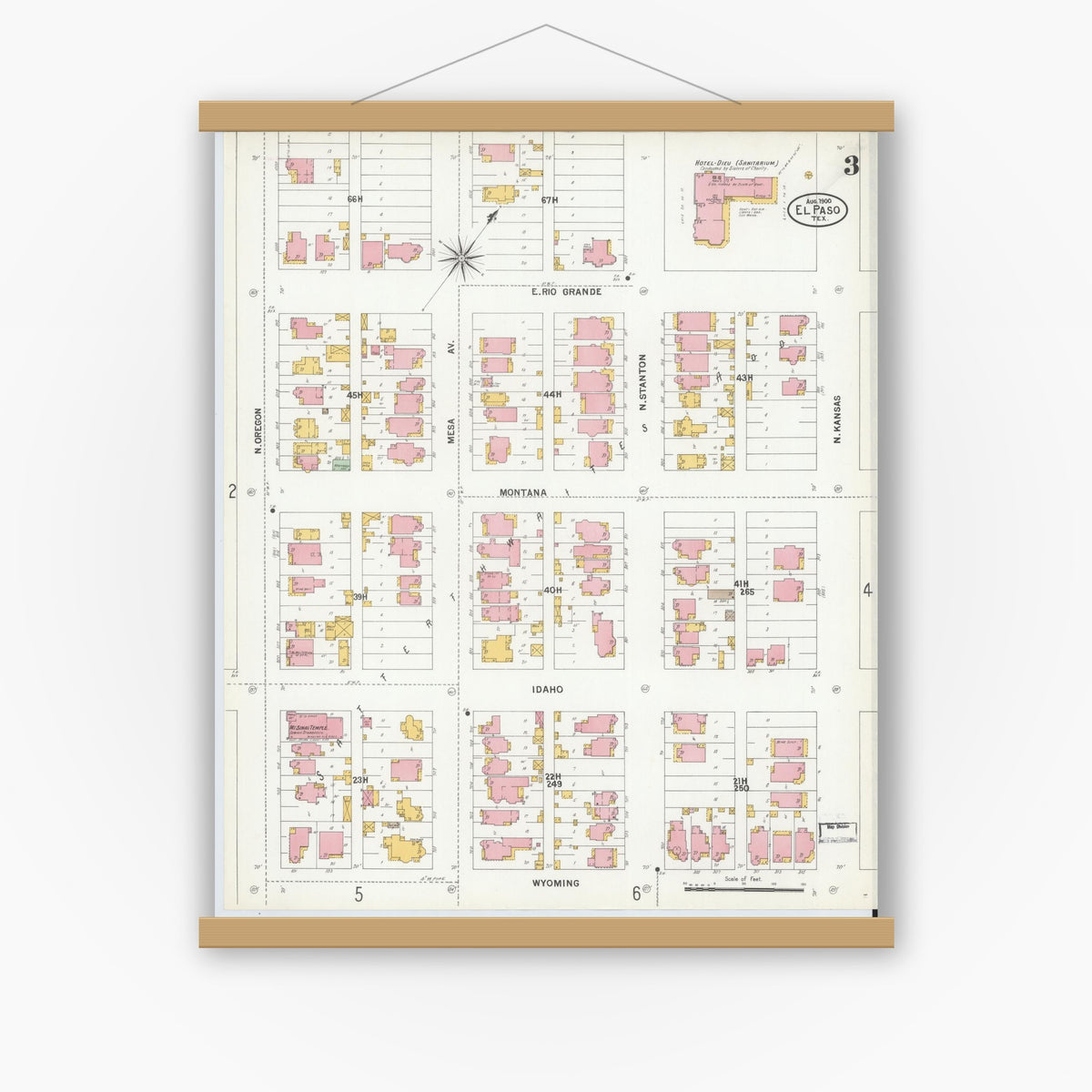 Old map wall art mockup — magnetic wood frame on white wall — Sanborn Fire Insurance Map from El Paso, El Paso County, Texas (1900), Sheet #0003