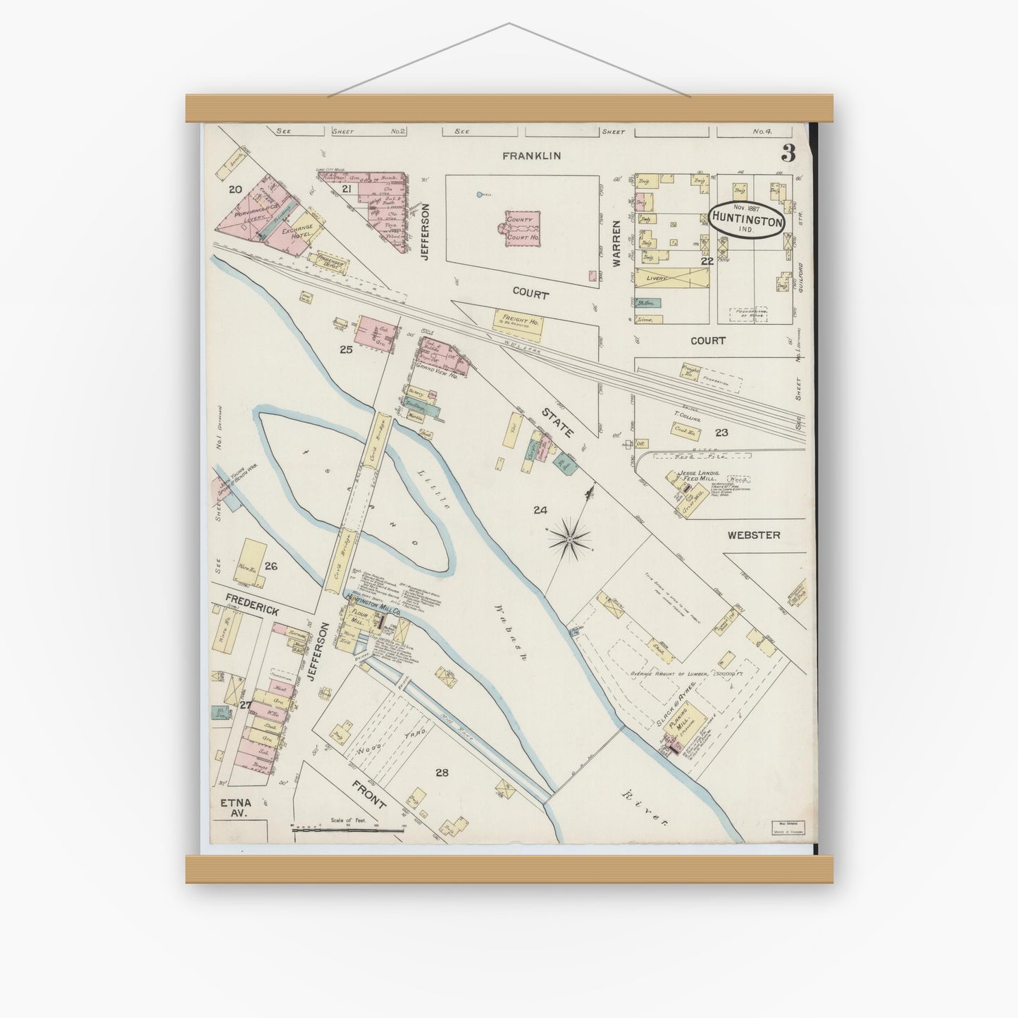 Old map wall art mockup — magnetic wood frame on white wall — Sanborn Fire Insurance Map from Huntington, Huntington County, Indiana (1887), Sheet #0003