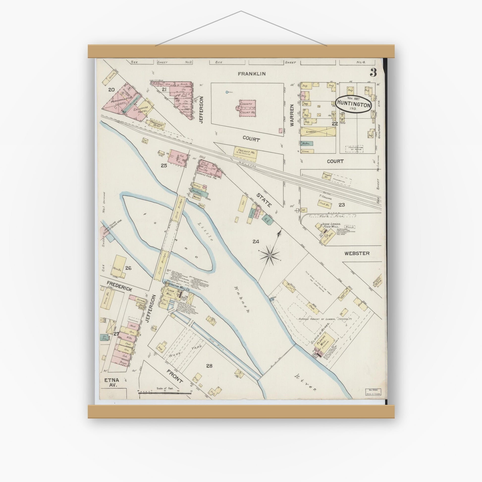 Old map wall art mockup — magnetic wood frame on white wall — Sanborn Fire Insurance Map from Huntington, Huntington County, Indiana (1887), Sheet #0003