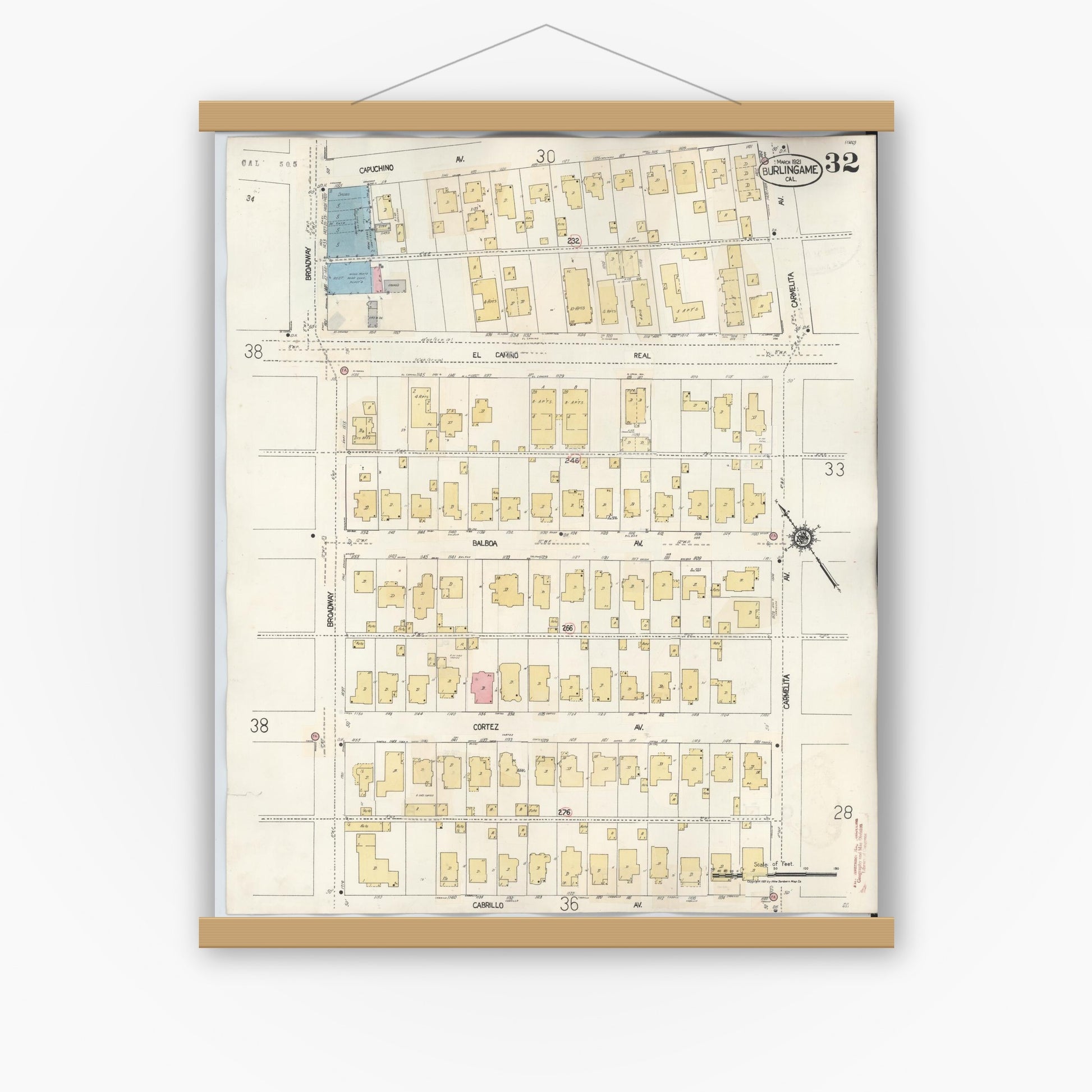 Old map wall art mockup — magnetic wood frame on white wall — Sanborn Fire Insurance Map from Burlingame, San Mateo County, California (1949), Sheet #0032