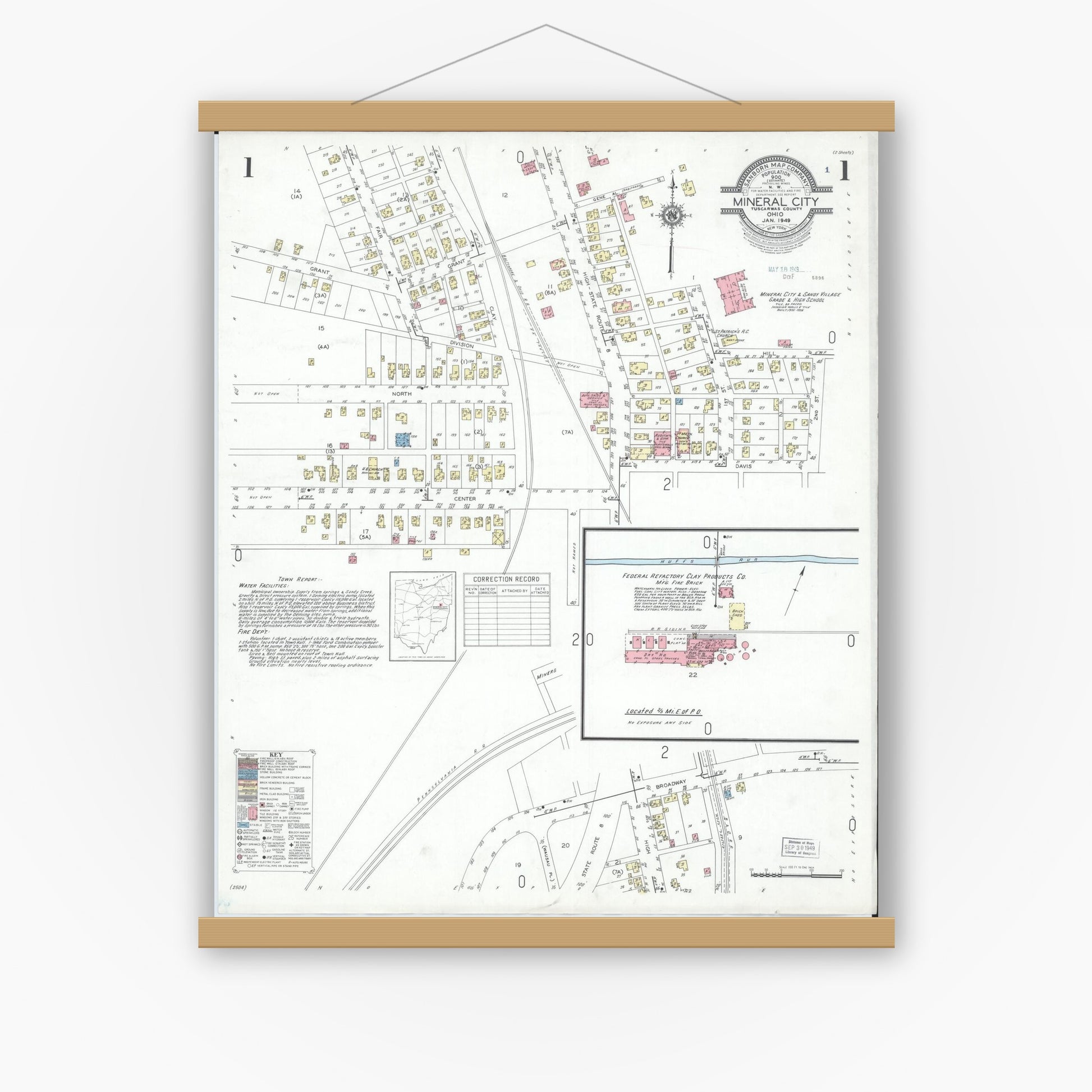 Old map wall art mockup — magnetic wood frame on white wall — Sanborn Fire Insurance Map from Mineral City, Tuscarawas County, Ohio (1949), Sheet #0001