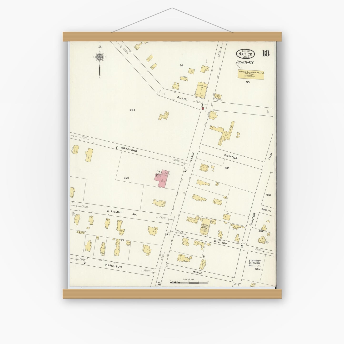 Old map wall art mockup — magnetic wood frame on white wall — Sanborn Fire Insurance Map from Natick, Middlesex County, Massachusetts (1915), Sheet #0018
