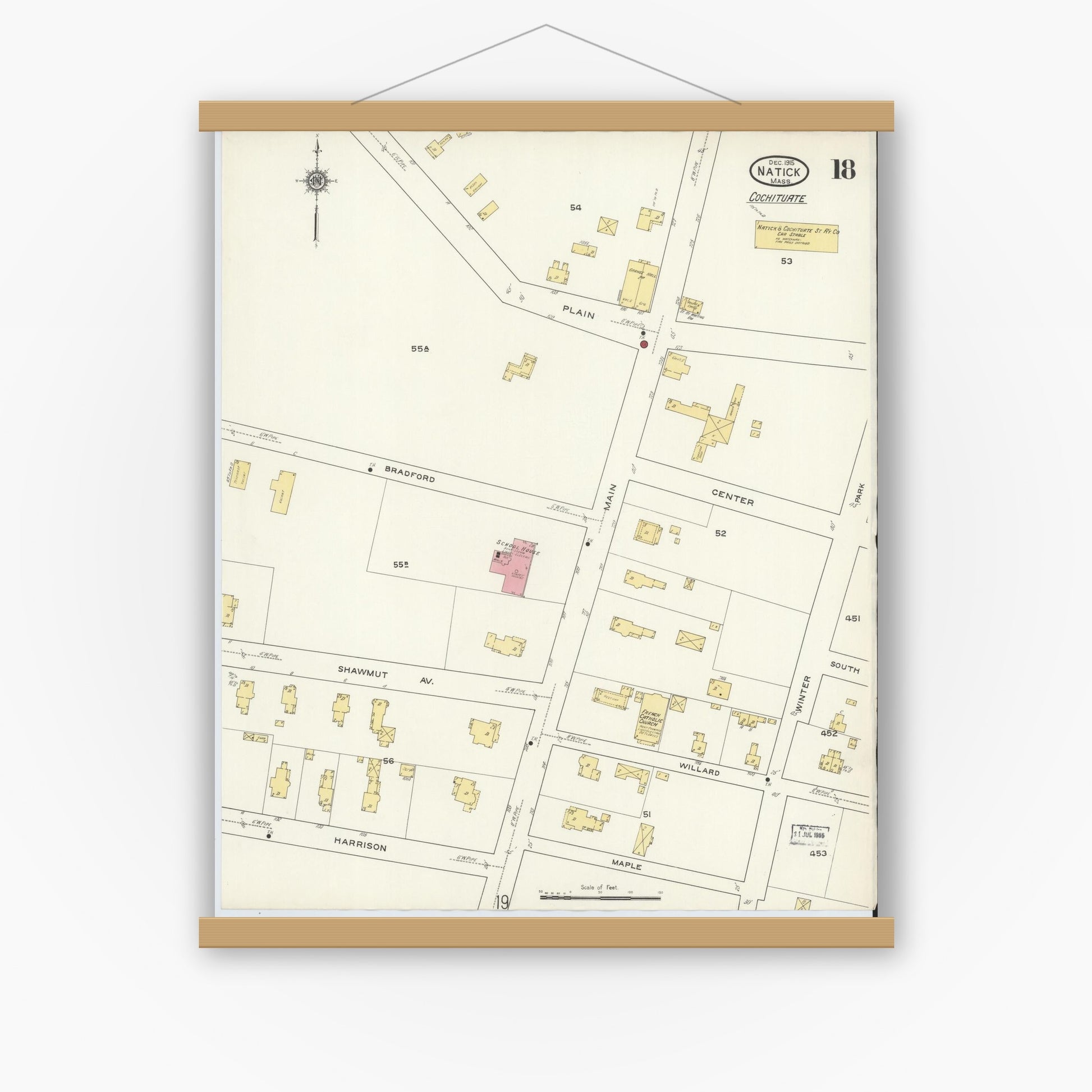 Old map wall art mockup — magnetic wood frame on white wall — Sanborn Fire Insurance Map from Natick, Middlesex County, Massachusetts (1915), Sheet #0018