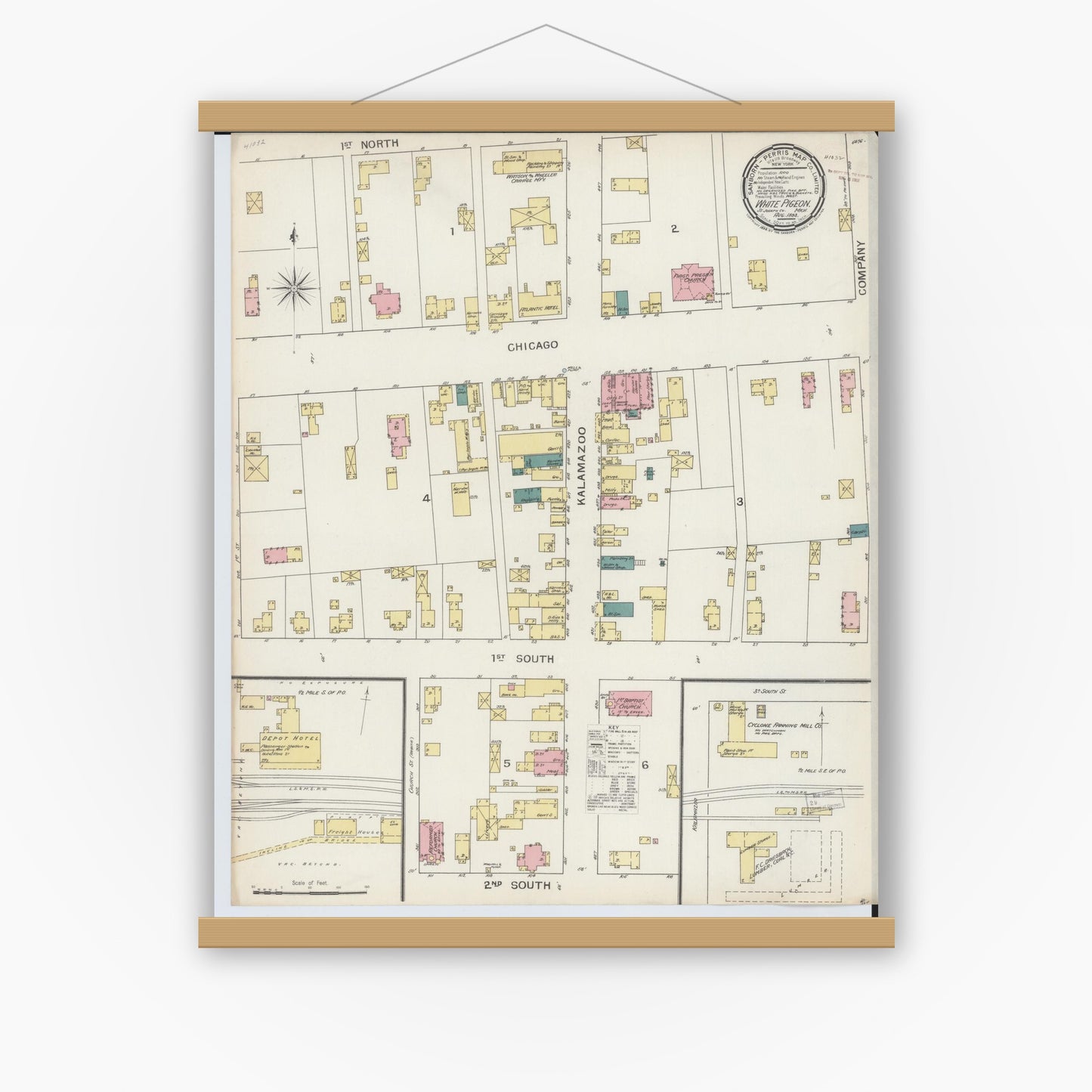 Old map wall art mockup — magnetic wood frame on white wall — Sanborn Fire Insurance Map from White Pigeon, Saint Joseph County, Michigan (1893), Sheet #0001