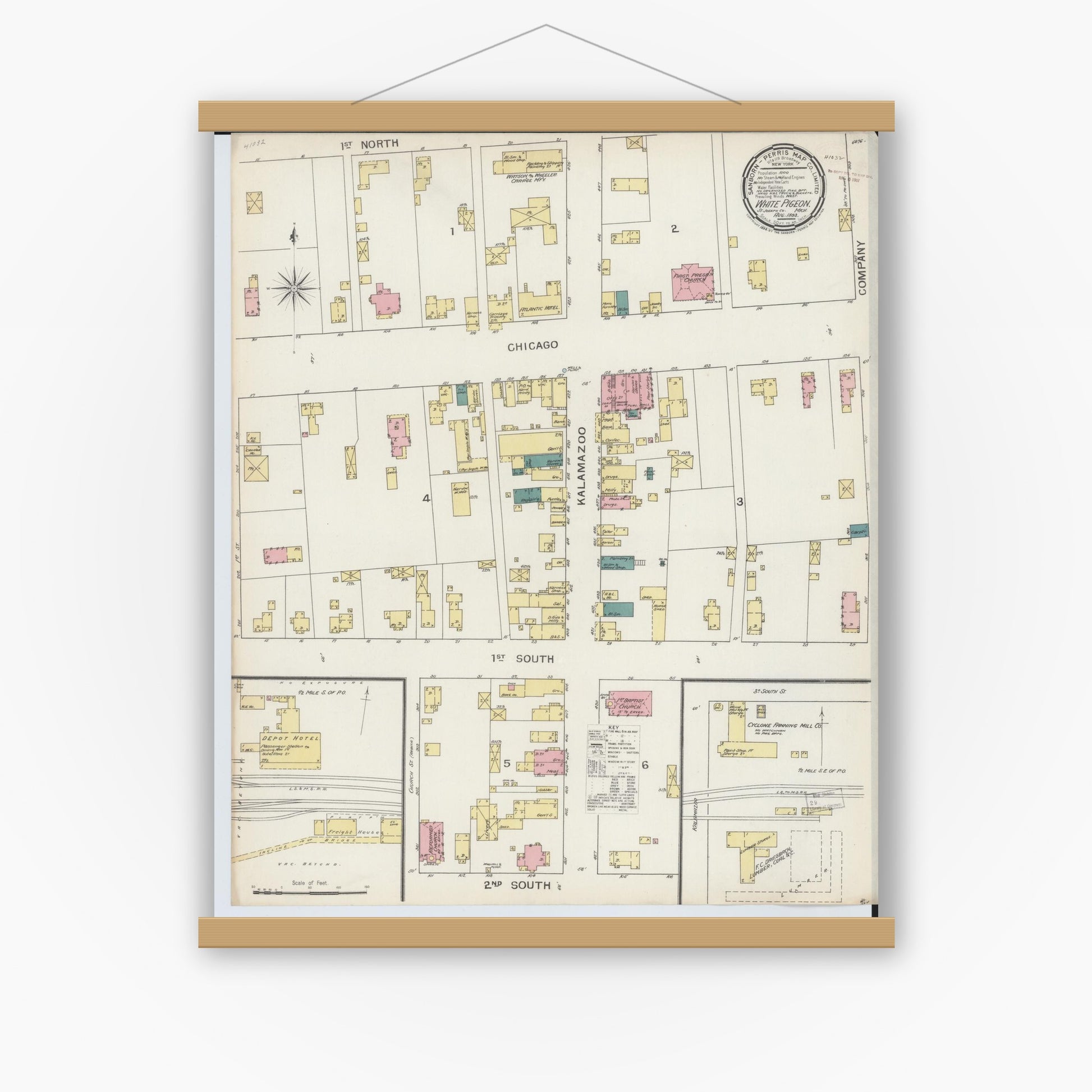 Old map wall art mockup — magnetic wood frame on white wall — Sanborn Fire Insurance Map from White Pigeon, Saint Joseph County, Michigan (1893), Sheet #0001