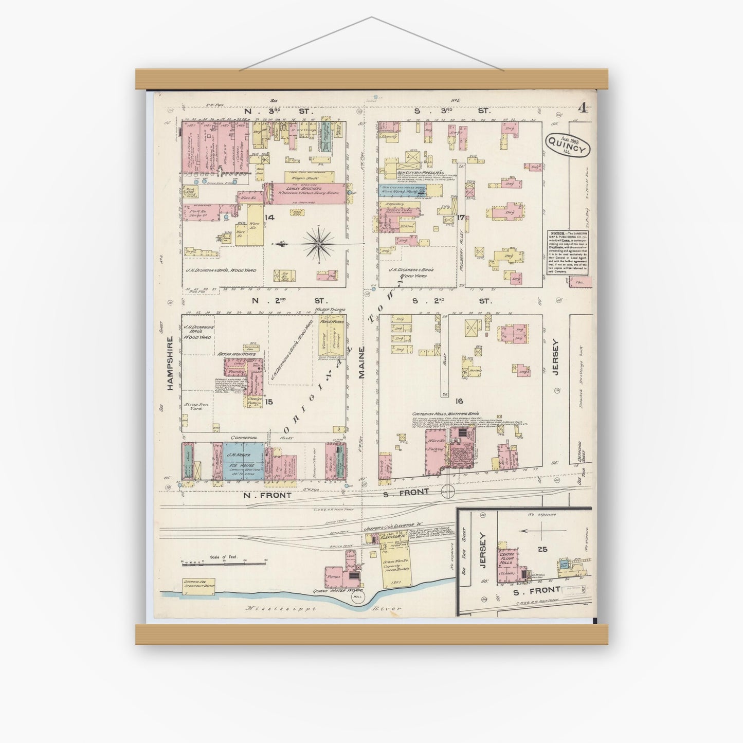 Old map wall art mockup — magnetic wood frame on white wall — Sanborn Fire Insurance Map from Quincy, Adams County, Illinois (1883), Sheet #0004