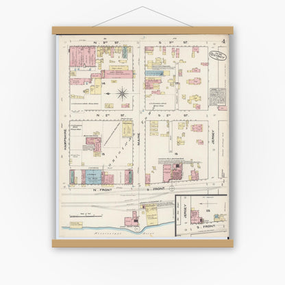 Old map wall art mockup — magnetic wood frame on white wall — Sanborn Fire Insurance Map from Quincy, Adams County, Illinois (1883), Sheet #0004