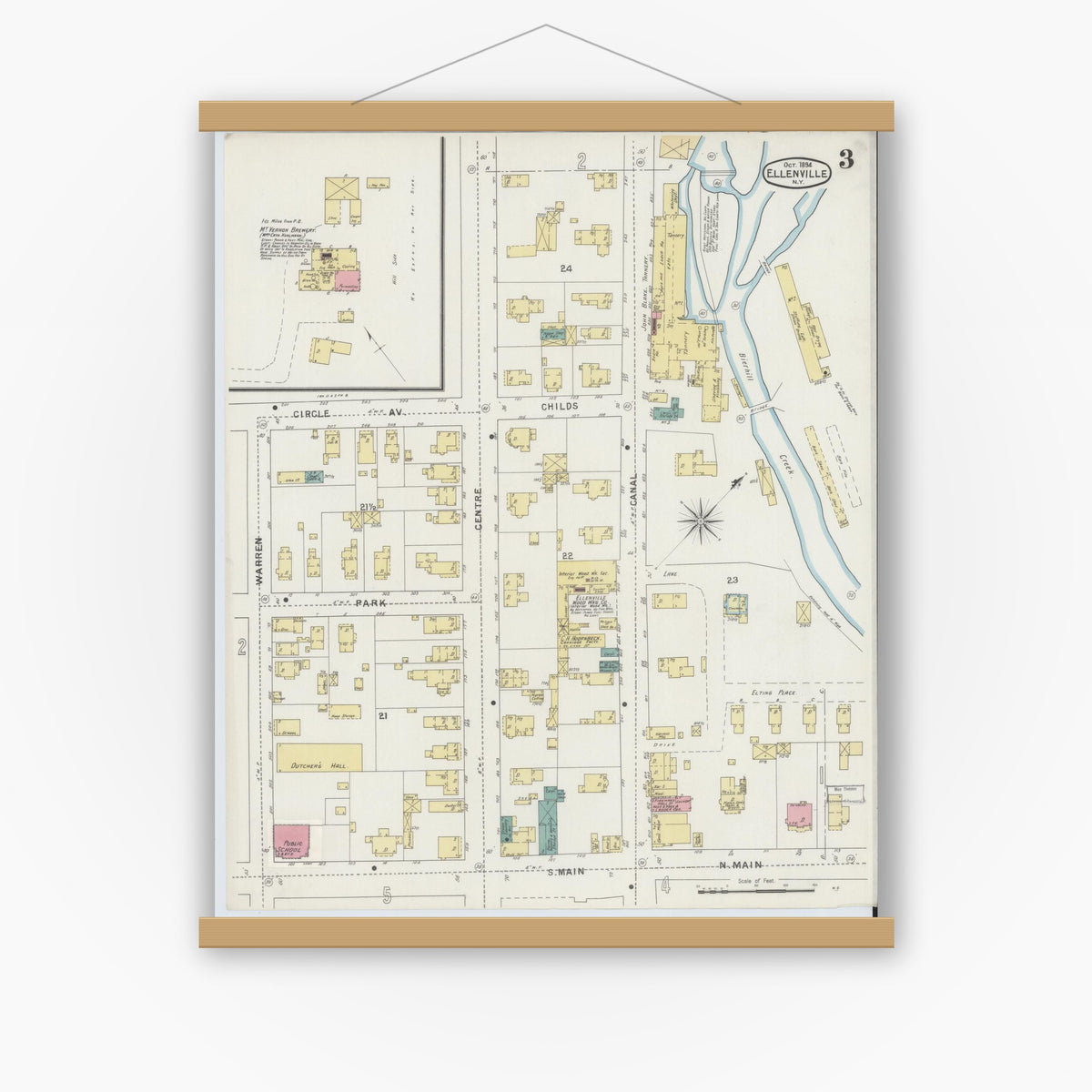 Old map wall art mockup — magnetic wood frame on white wall — Sanborn Fire Insurance Map from Ellenville, Ulster County, New York (1894), Sheet #0003