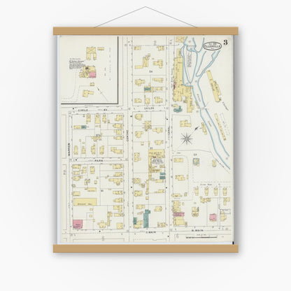 Old map wall art mockup — magnetic wood frame on white wall — Sanborn Fire Insurance Map from Ellenville, Ulster County, New York (1894), Sheet #0003