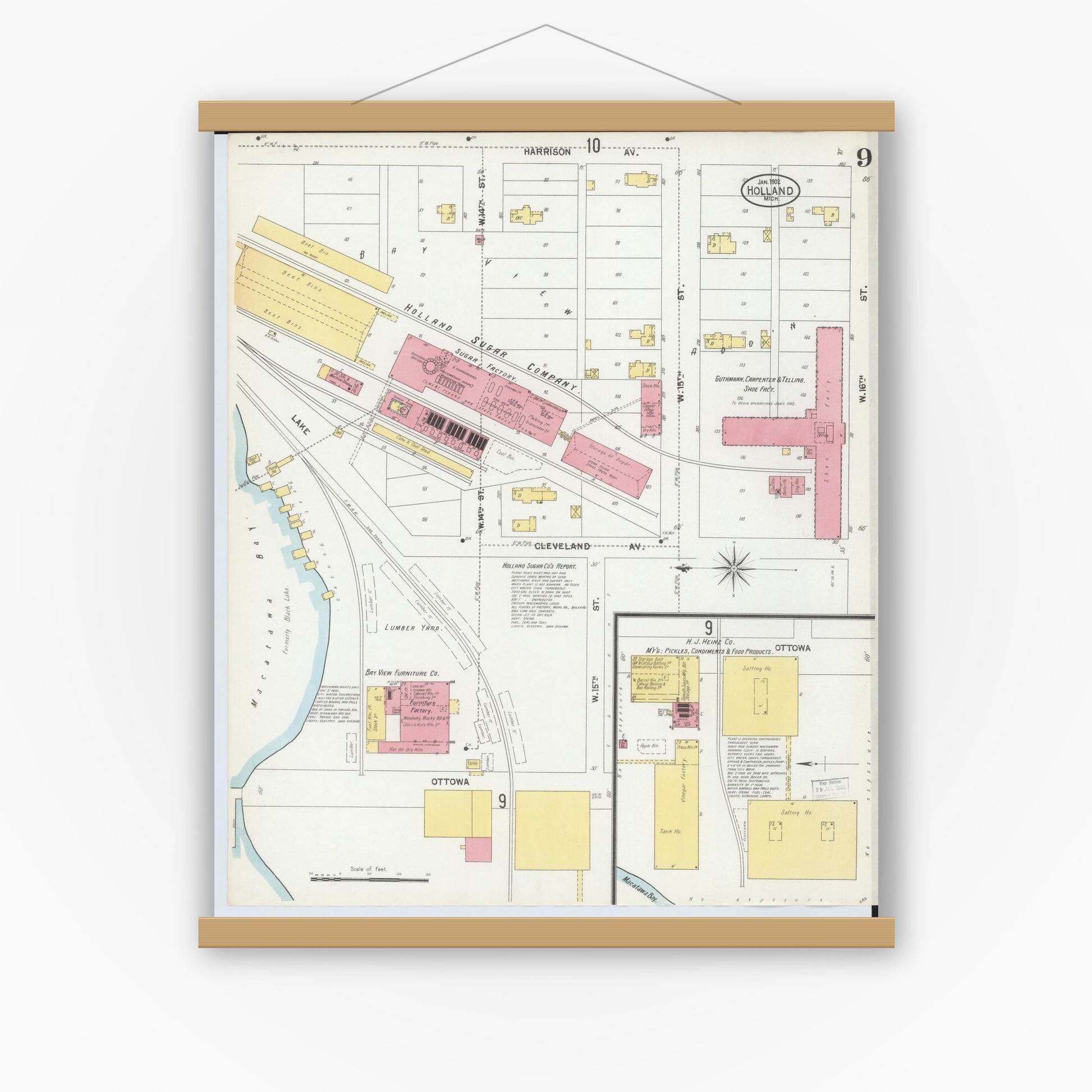 Old map wall art mockup — magnetic wood frame on white wall — Sanborn Fire Insurance Map from Holland, Ottawa County, Michigan (1902), Sheet #0009
