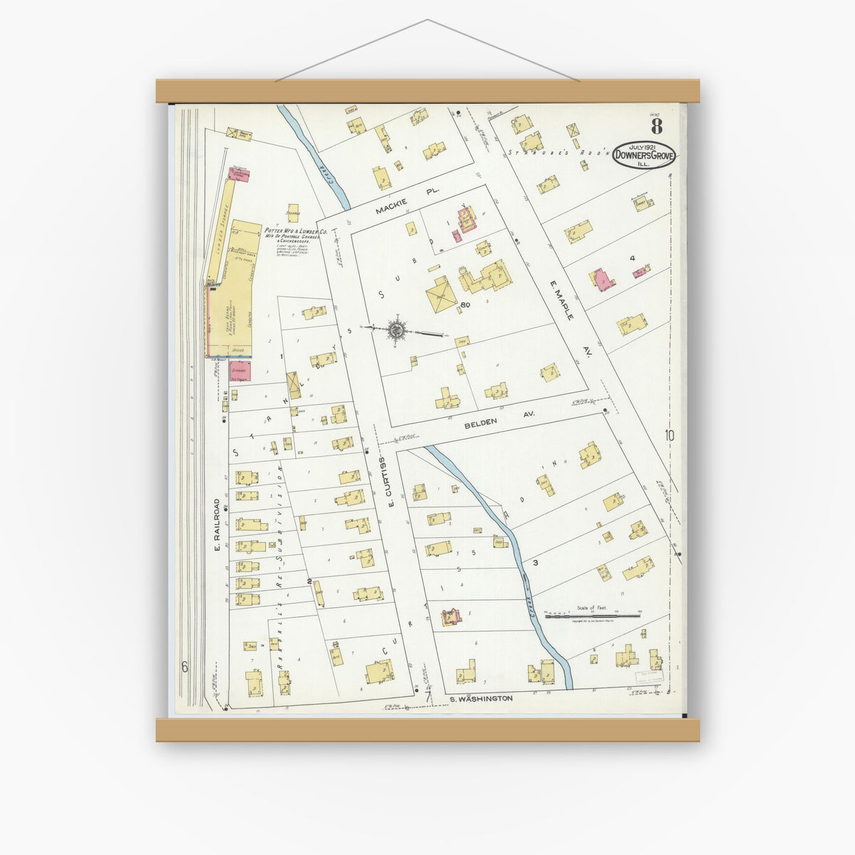 Old map wall art mockup — magnetic wood frame on white wall — Sanborn Fire Insurance Map from Downers Grove, Dupage County, Illinois (1921), Sheet #0008