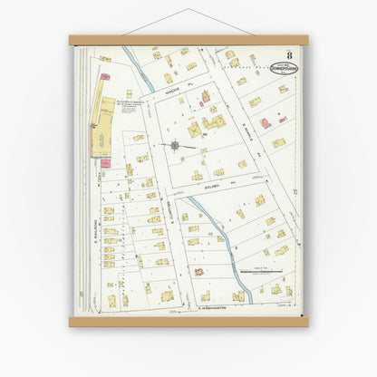 Old map wall art mockup — magnetic wood frame on white wall — Sanborn Fire Insurance Map from Downers Grove, Dupage County, Illinois (1921), Sheet #0008